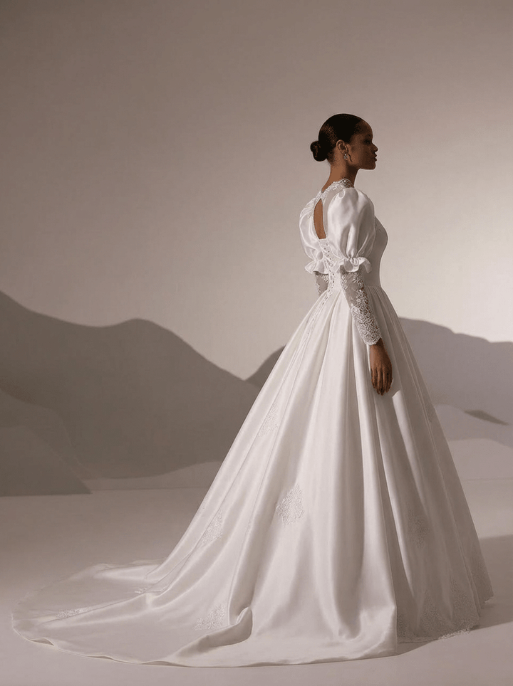 Vintage Long Sleeve Wedding Dress with High Neck – Simple Modest Wedding Dress with Lace Train Plus Size - WonderlandByLilian