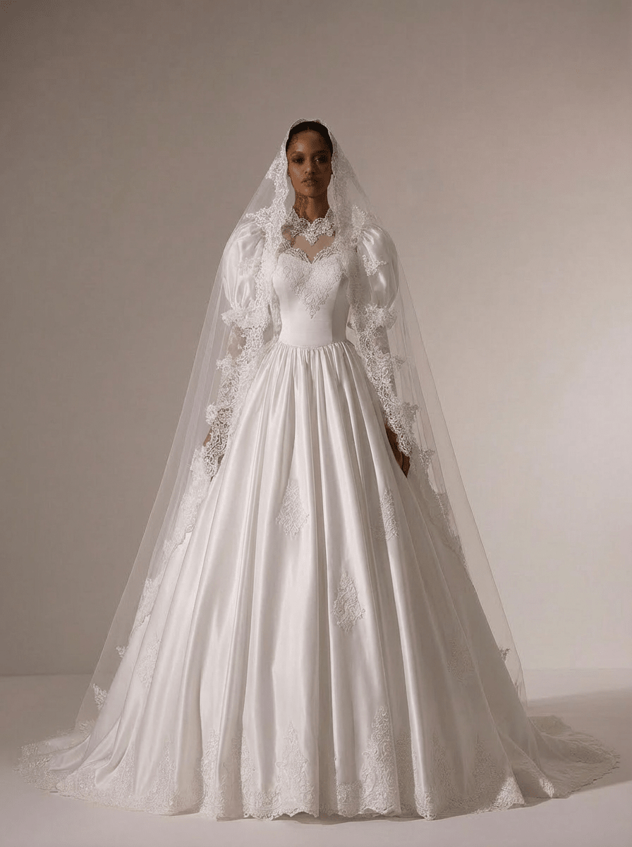 Vintage Long Sleeve Wedding Dress with High Neck – Simple Modest Wedding Dress with Lace Train Plus Size - WonderlandByLilian
