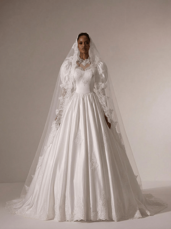Vintage Long Sleeve Wedding Dress with High Neck – Simple Modest Wedding Dress with Lace Train Plus Size - WonderlandByLilian