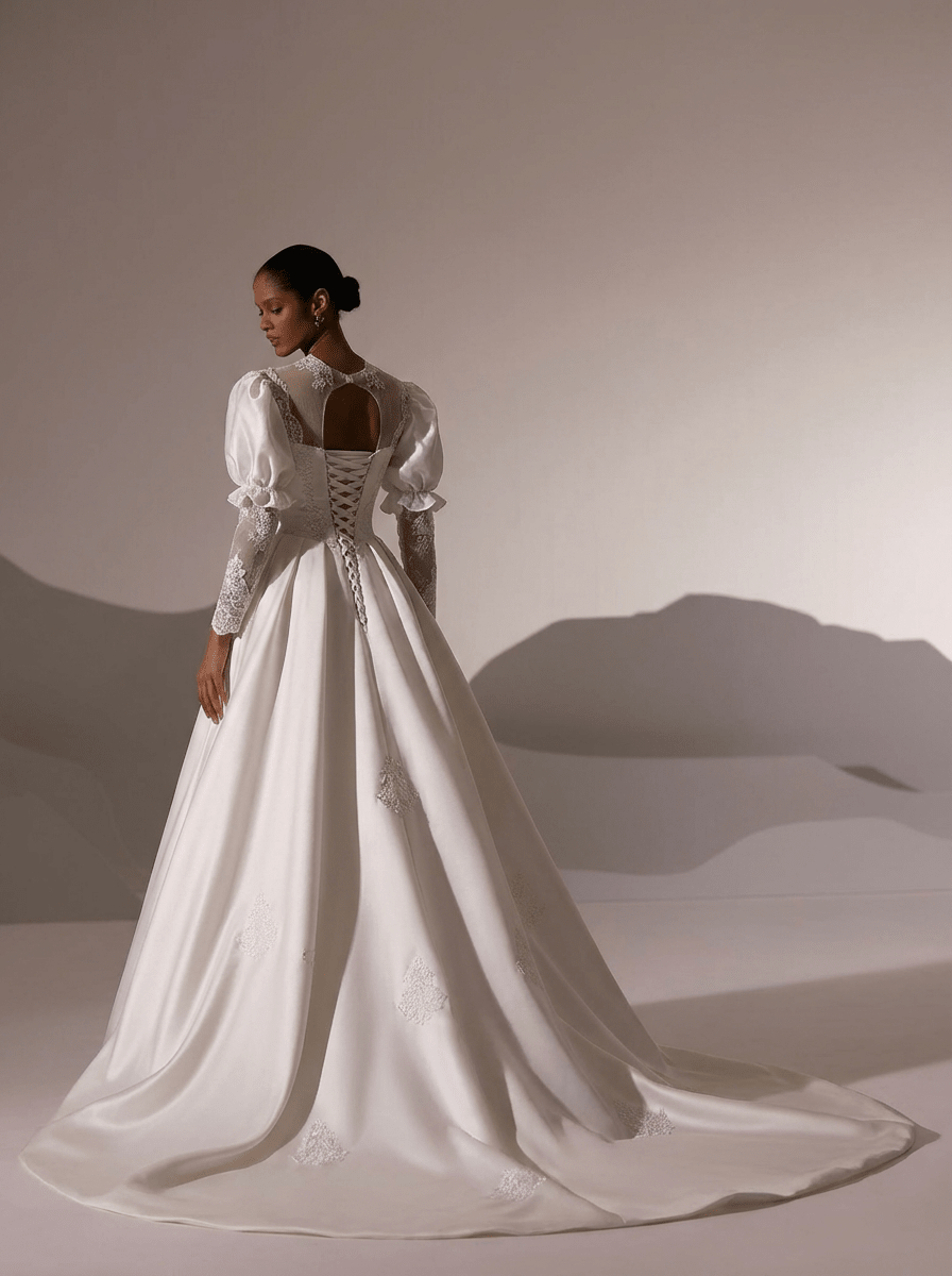 Vintage Long Sleeve Wedding Dress with High Neck – Simple Modest Wedding Dress with Lace Train Plus Size Size 28W / No Veil
