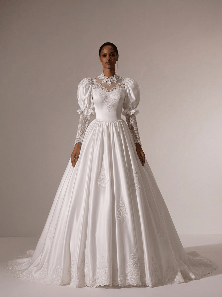 Vintage Long Sleeve Wedding Dress with High Neck – Simple Modest Wedding Dress with Lace Train Plus Size - WonderlandByLilian