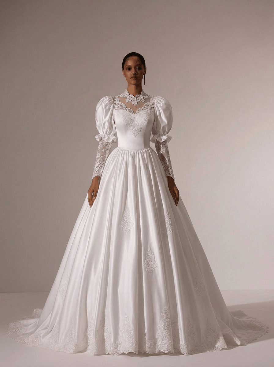 Vintage Long Sleeve Wedding Dress with High Neck – Simple Modest Wedding Dress with Lace Train Plus Size Size 28W / No Veil