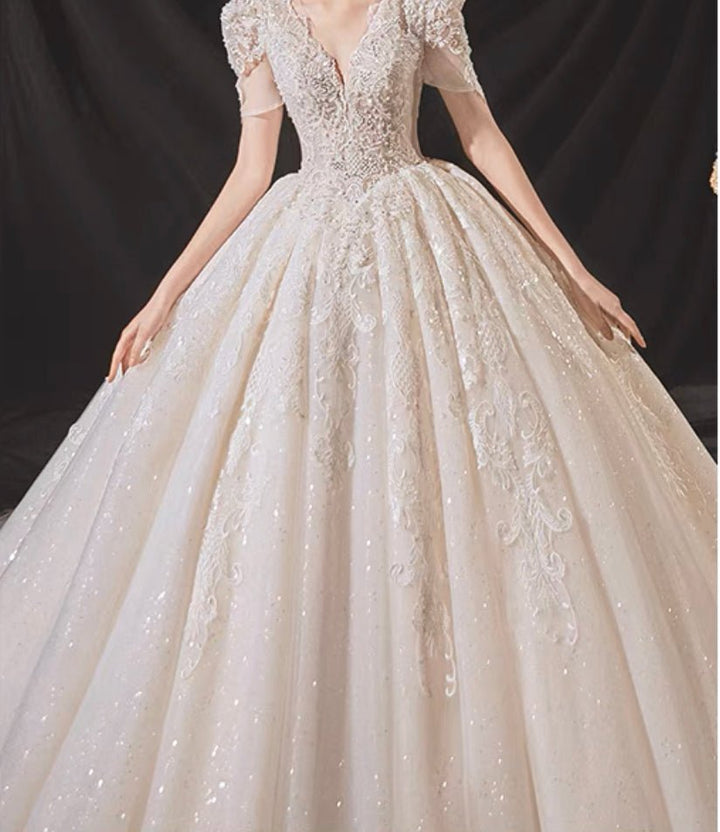 Vintage Luxury Princess Ivory A-Line Embroidery Wedding Dress With V Neck - Plus Size - WonderlandByLilian