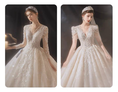 Vintage Luxury Princess Ivory A-Line Embroidery Wedding Dress With V Neck - Plus Size - WonderlandByLilian