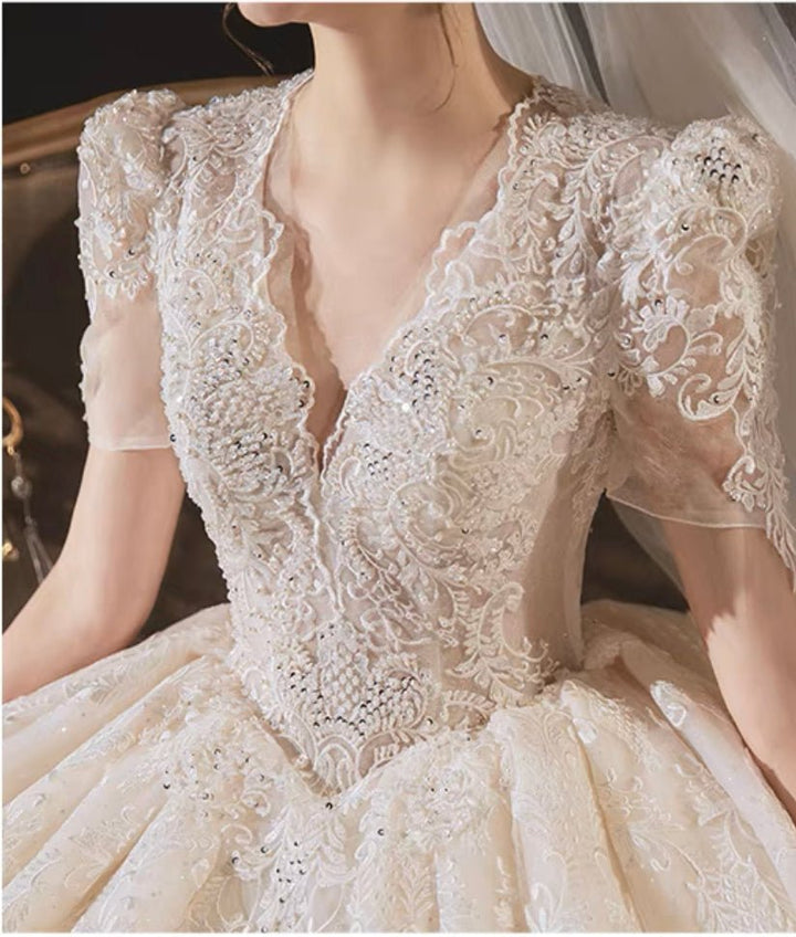 Vintage Luxury Princess Ivory A-Line Embroidery Wedding Dress With V Neck - Plus Size - WonderlandByLilian