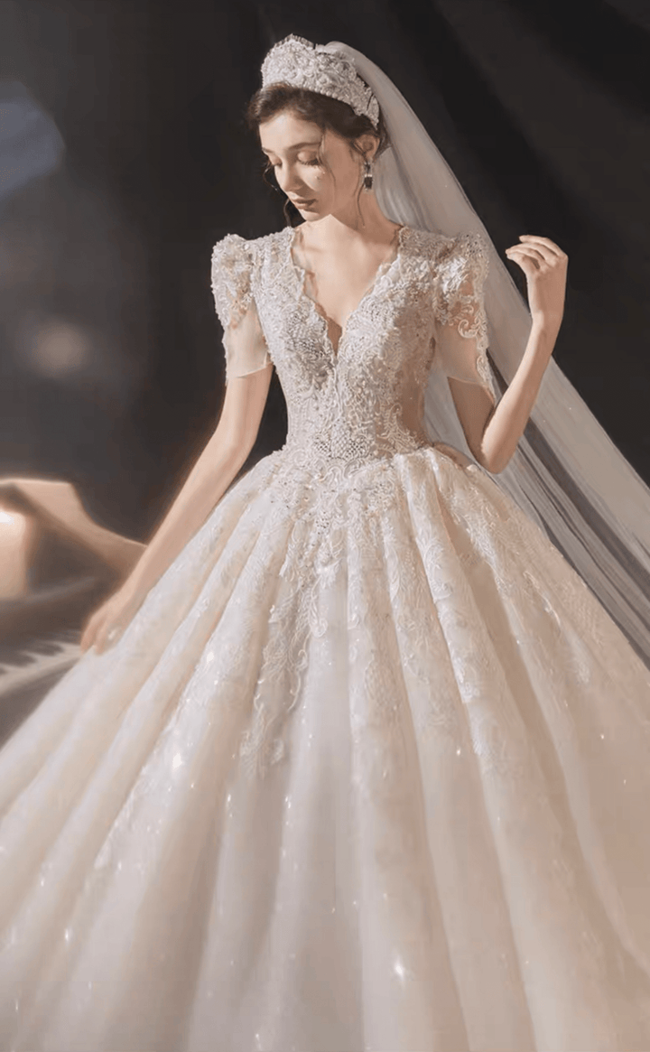 Vintage Luxury Princess Ivory A-Line Embroidery Wedding Dress With V Neck - Plus Size - WonderlandByLilian