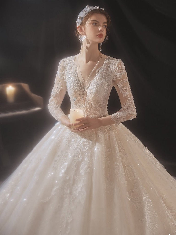 Vintage Luxury Princess Ivory A-Line Embroidery Wedding Dress With V Neck - Plus Size - WonderlandByLilian