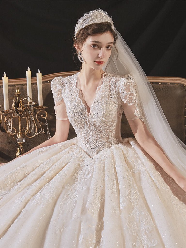 Vintage Luxury Princess Ivory A-Line Embroidery Wedding Dress With V Neck - Plus Size - WonderlandByLilian