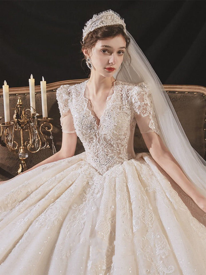 Vintage Luxury Princess Ivory A-Line Embroidery Wedding Dress With V Neck - Plus Size - WonderlandByLilian