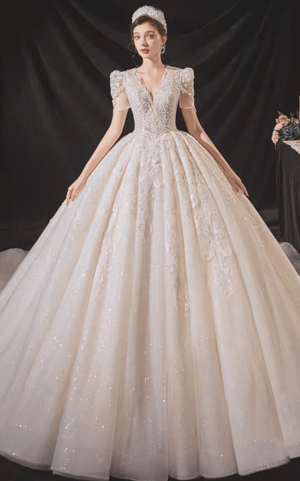 Vintage Luxury Princess Ivory A-Line Embroidery Wedding Dress With V Neck - Plus Size - WonderlandByLilian