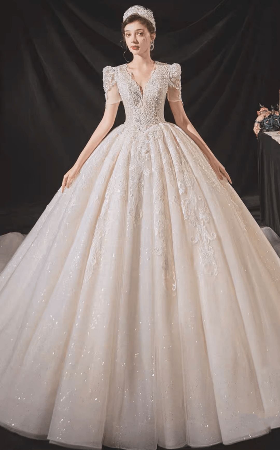 Vintage Luxury Princess Ivory A-Line Embroidery Wedding Dress With V Neck - Plus Size - WonderlandByLilian