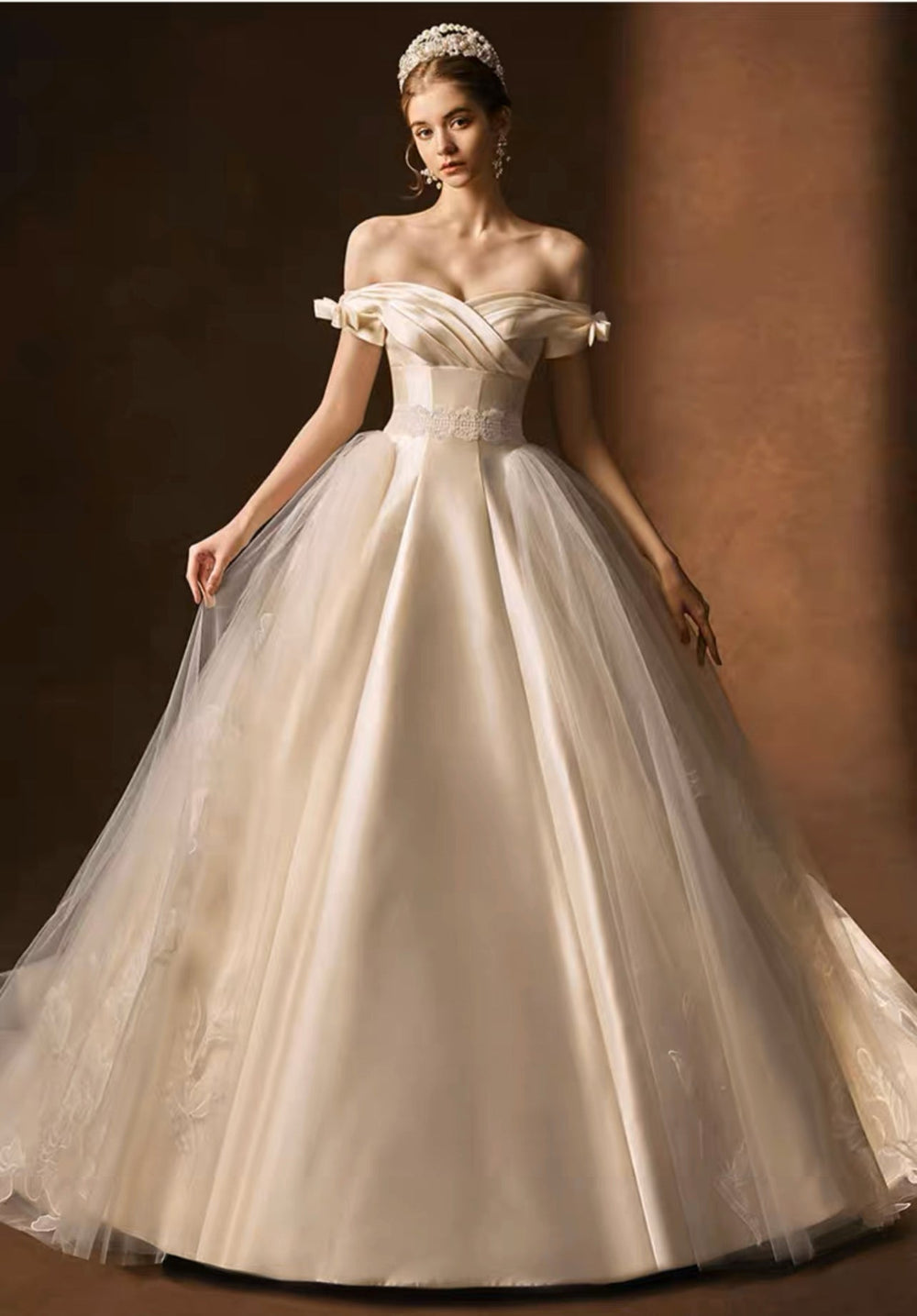 Vintage Luxury Princess Lace Light Ivory A-Line Wedding Dress With Off- Shoulder - Plus Size - WonderlandByLilian