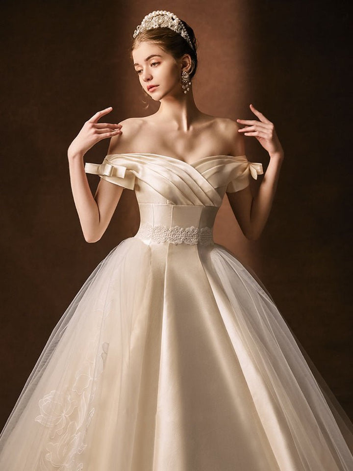 Vintage Luxury Princess Lace Light Ivory A-Line Wedding Dress With Off- Shoulder - Plus Size - WonderlandByLilian