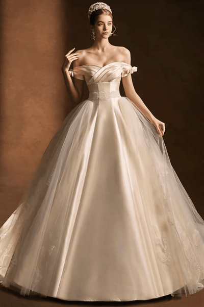 Vintage Luxury Princess Lace Light Ivory A-Line Wedding Dress With Off- Shoulder - Plus Size - WonderlandByLilian