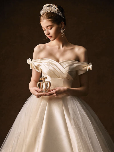 Vintage Luxury Princess Lace Light Ivory A-Line Wedding Dress With Off- Shoulder - Plus Size - WonderlandByLilian