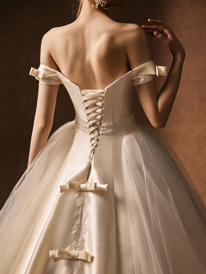 Vintage Luxury Princess Lace Light Ivory A-Line Wedding Dress With Off- Shoulder - Plus Size - WonderlandByLilian