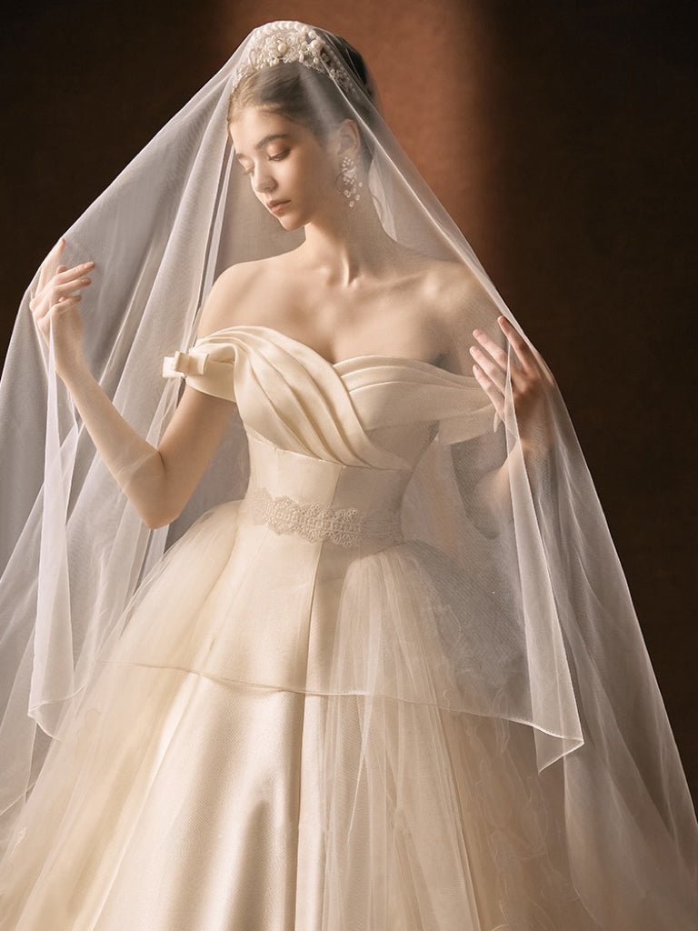 Vintage Luxury Princess Lace Light Ivory A-Line Wedding Dress With Off- Shoulder - Plus Size - WonderlandByLilian