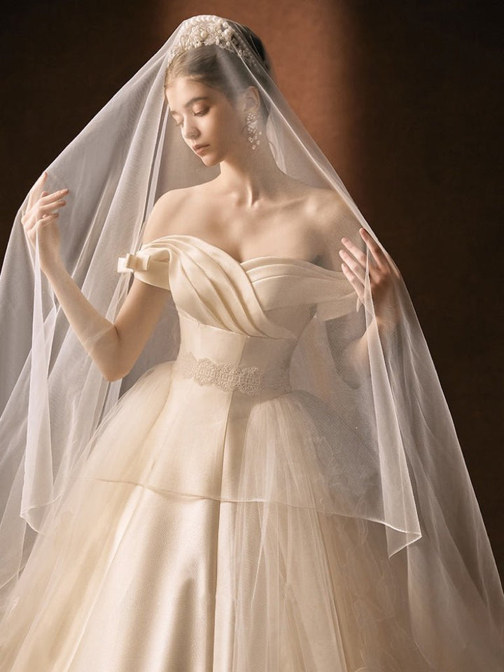 Vintage Luxury Princess Lace Light Ivory A-Line Wedding Dress With Off- Shoulder - Plus Size - WonderlandByLilian