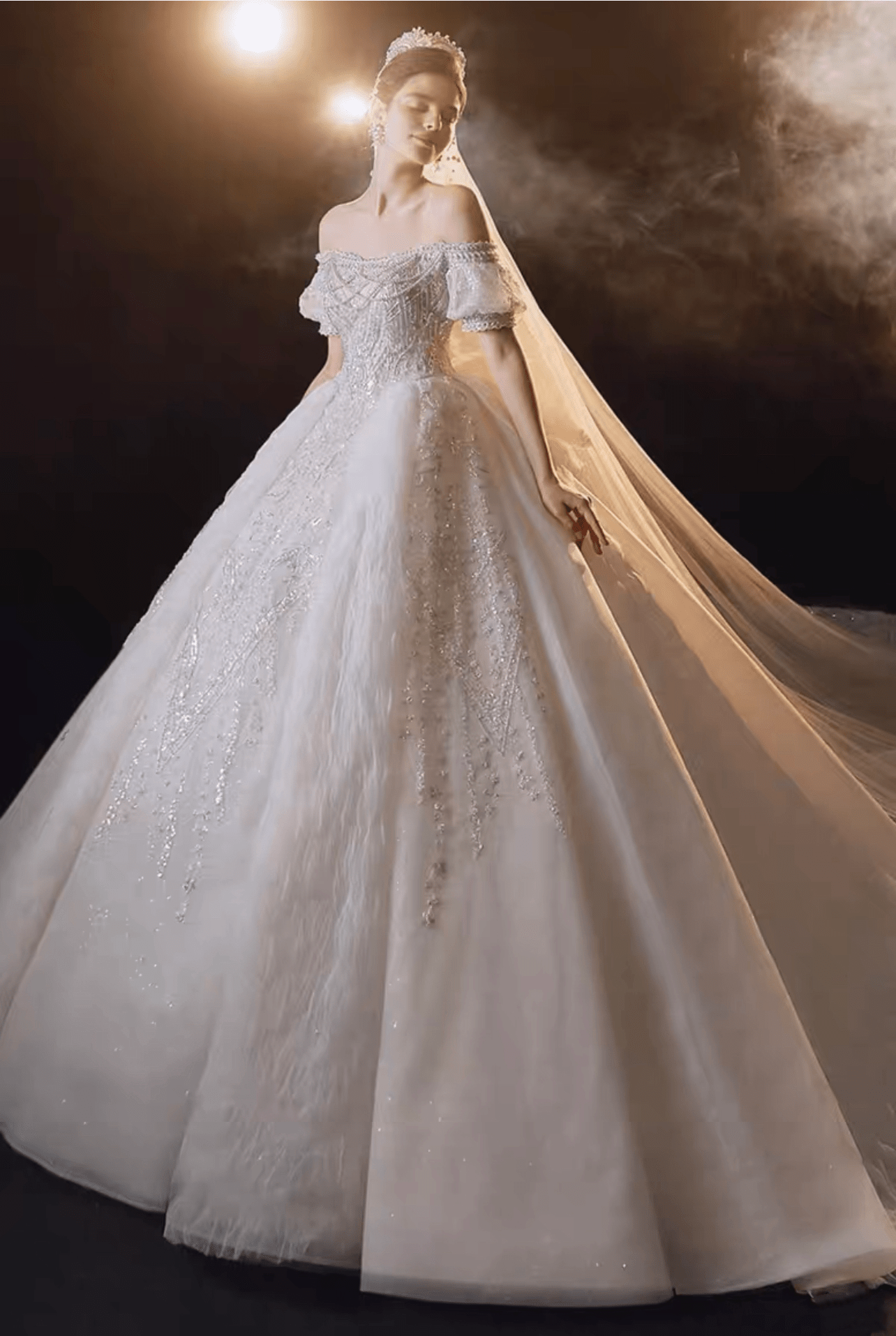 Vintage Luxury Princess Light Ivory A-Line Embroidery Beading Rosette Wedding Dress With Off- Shoulder - Plus Size - WonderlandByLilian