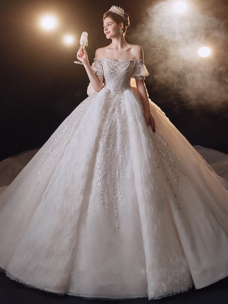 Vintage Luxury Princess Light Ivory A-Line Embroidery Beading Rosette Wedding Dress With Off- Shoulder - Plus Size - WonderlandByLilian