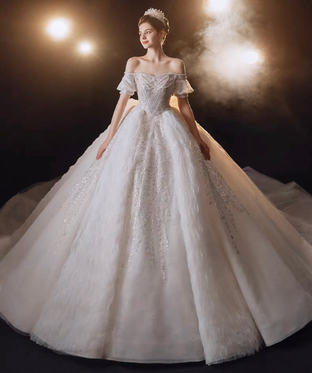 Vintage Luxury Princess Light Ivory A-Line Embroidery Beading Rosette Wedding Dress With Off- Shoulder - Plus Size - WonderlandByLilian
