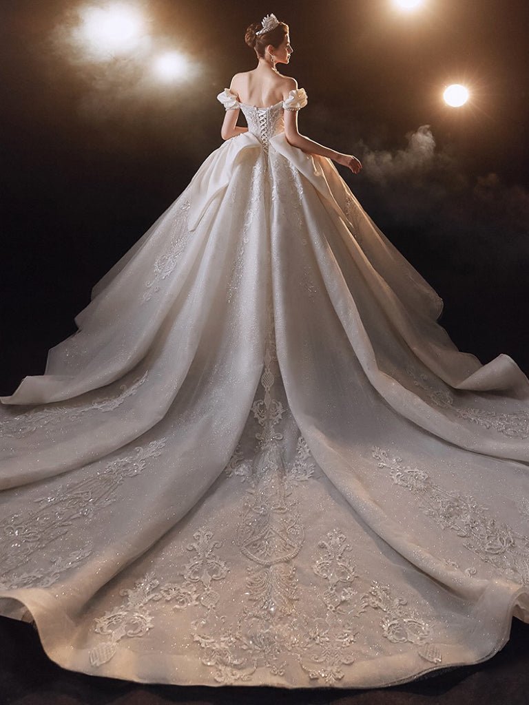 Vintage Luxury Princess Light Ivory A-Line Embroidery Wedding Dress With Off- Shoulder - Plus Size - WonderlandByLilian