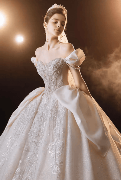 Vintage Luxury Princess Light Ivory A-Line Embroidery Wedding Dress With Off- Shoulder - Plus Size - WonderlandByLilian