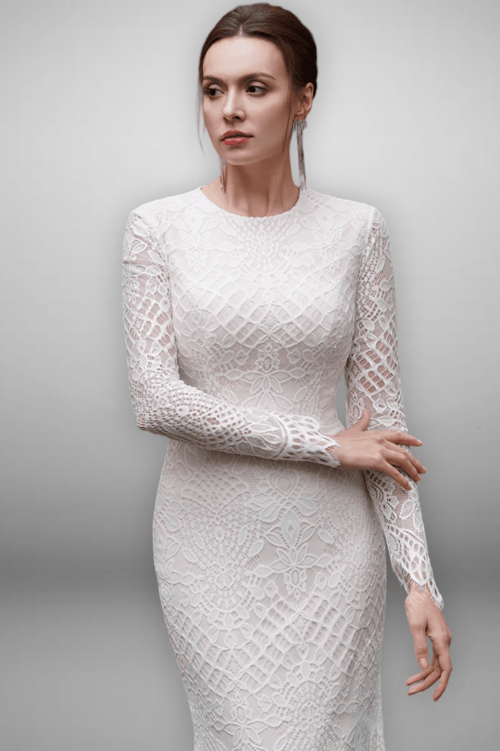 Vintage Modest Long Sleeves Lace Embroidery Mermaid Wedding Dress - Plus Size - WonderlandByLilian