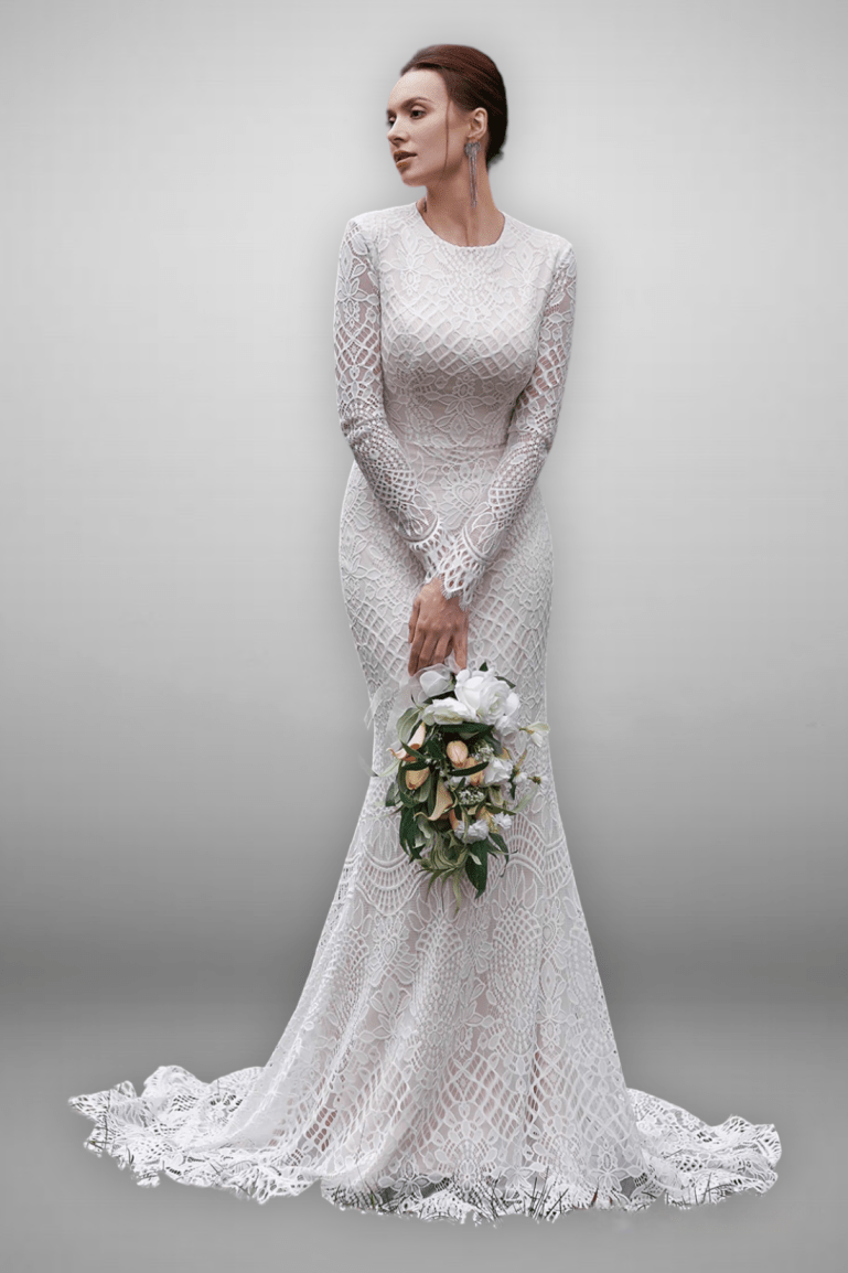 Vintage Modest Long Sleeves Lace Embroidery Mermaid Wedding Dress - Plus Size - WonderlandByLilian