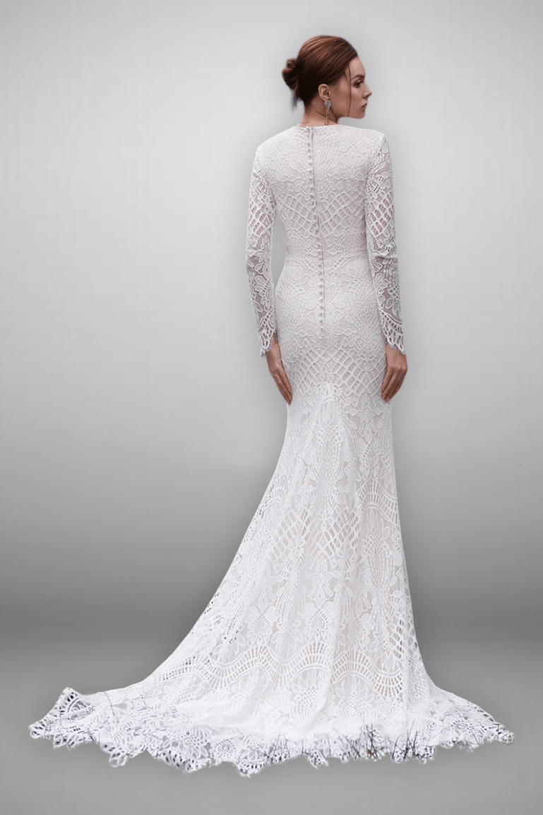 Vintage Modest Long Sleeves Lace Embroidery Mermaid Wedding Dress - Plus Size - WonderlandByLilian