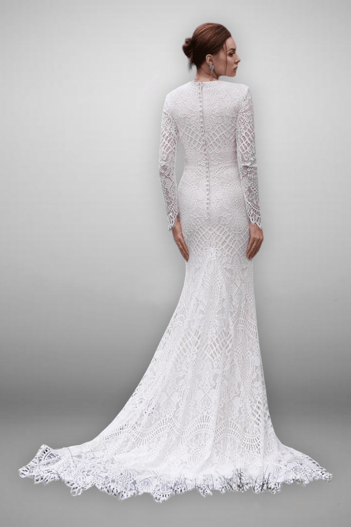 Vintage Modest Long Sleeves Lace Embroidery Mermaid Wedding Dress - Plus Size - WonderlandByLilian