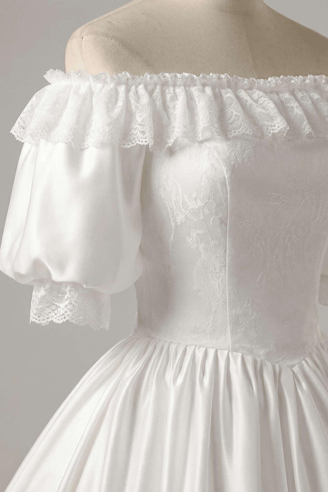 Vintage Off the Shoulder Wedding Dress with Puff Sleeves – Lace Tiered Wedding Gown with Ruffle Hem Plus Size - WonderlandByLilian