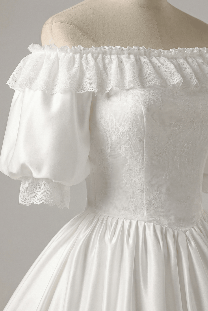 Vintage Off the Shoulder Wedding Dress with Puff Sleeves – Lace Tiered Wedding Gown with Ruffle Hem Plus Size - WonderlandByLilian