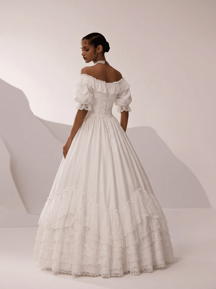 Vintage Off the Shoulder Wedding Dress with Puff Sleeves – Lace Tiered Wedding Gown with Ruffle Hem Plus Size - WonderlandByLilian