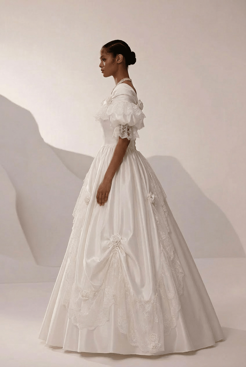Vintage Off the Shoulder Wedding Dress with Rosette Trim – Satin Lace Wedding Gown with Lace Overlay Plus Size - WonderlandByLilian
