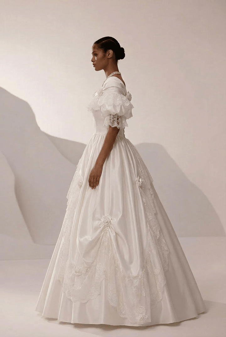 Vintage Off the Shoulder Wedding Dress with Rosette Trim – Satin Lace Wedding Gown with Lace Overlay Plus Size - WonderlandByLilian