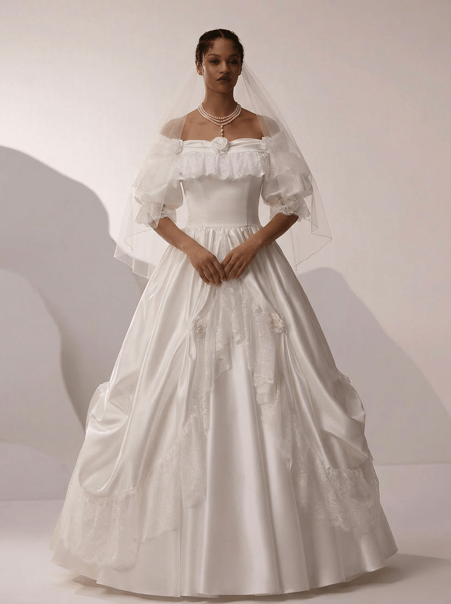Vintage Off the Shoulder Wedding Dress with Rosette Trim – Satin Lace Wedding Gown with Lace Overlay Plus Size - WonderlandByLilian