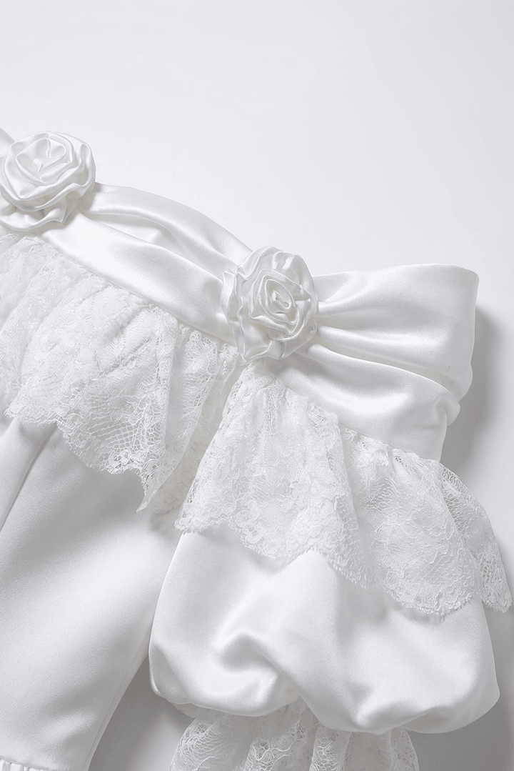Vintage Off the Shoulder Wedding Dress with Rosette Trim – Satin Lace Wedding Gown with Lace Overlay Plus Size - WonderlandByLilian