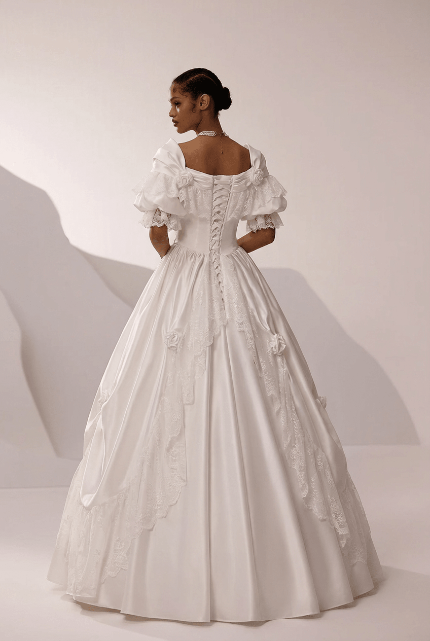 Vintage Off the Shoulder Wedding Dress with Rosette Trim – Satin Lace Wedding Gown with Lace Overlay Plus Size - WonderlandByLilian