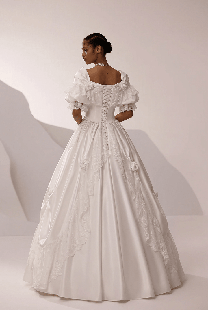 Vintage Off the Shoulder Wedding Dress with Rosette Trim – Satin Lace Wedding Gown with Lace Overlay Plus Size - WonderlandByLilian
