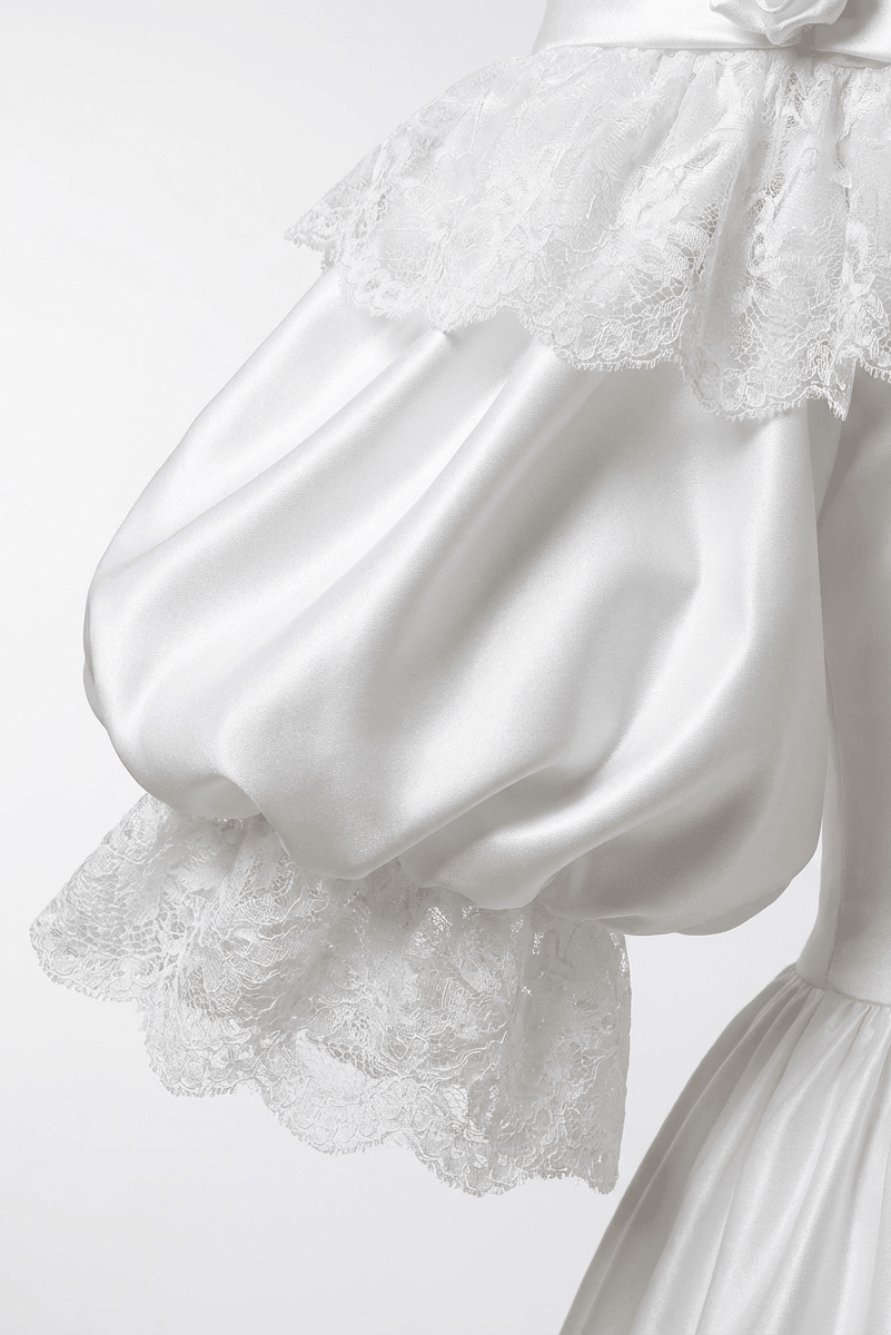 Vintage Off the Shoulder Wedding Dress with Rosette Trim – Satin Lace Wedding Gown with Lace Overlay Plus Size - WonderlandByLilian