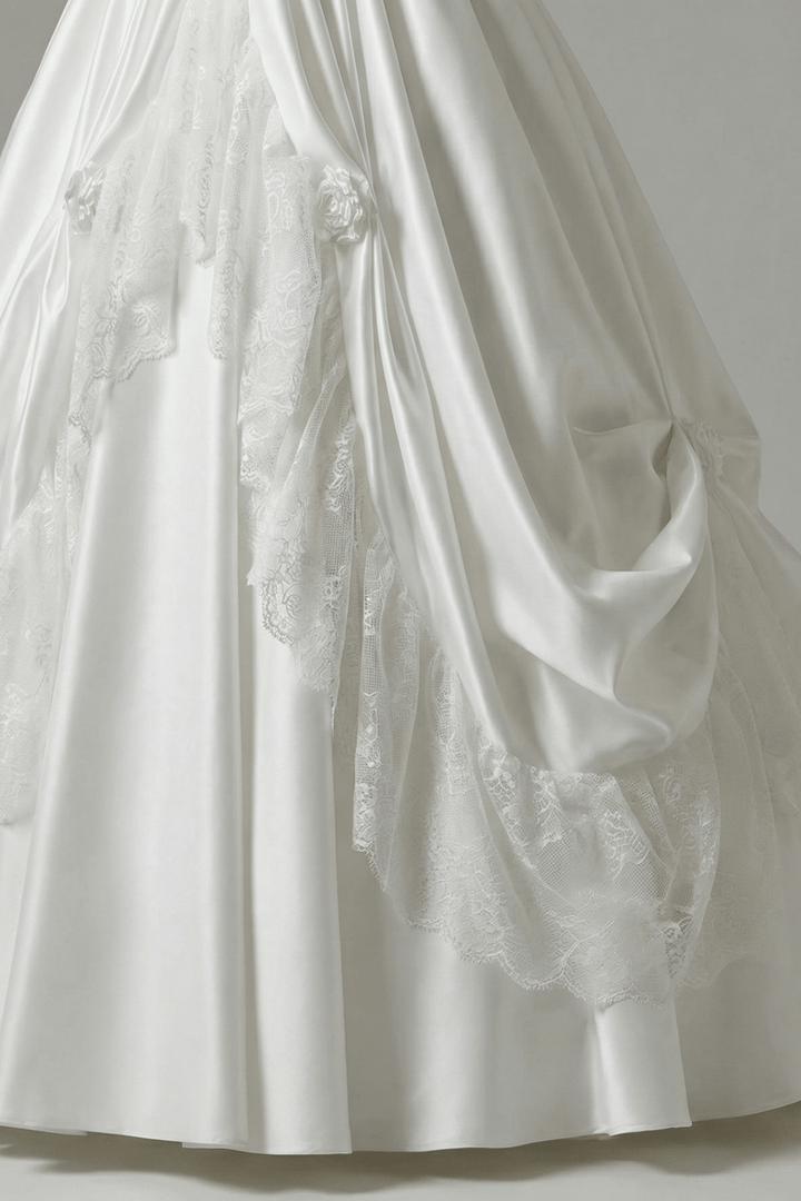 Vintage Off the Shoulder Wedding Dress with Rosette Trim – Satin Lace Wedding Gown with Lace Overlay Plus Size - WonderlandByLilian