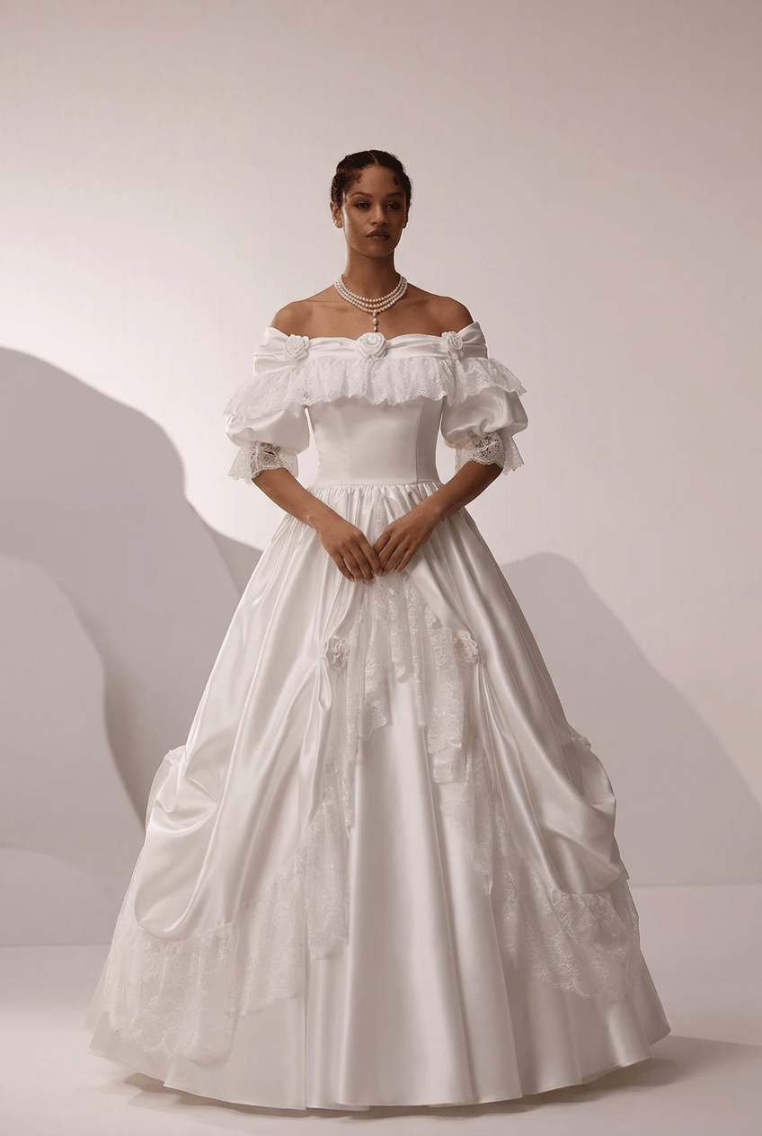 Vintage Off the Shoulder Wedding Dress with Rosette Trim – Satin Lace Wedding Gown with Lace Overlay Plus Size Size 2 / with Veil