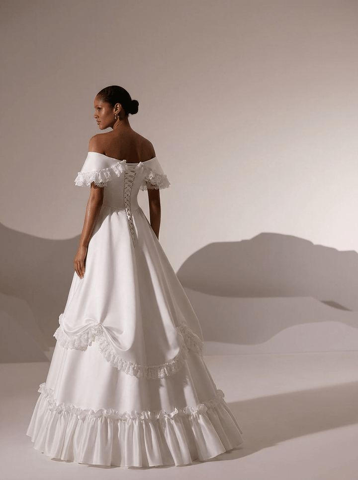 Vintage Off the Shoulder Wedding Dress with Rosettes – Satin Wedding Dress with Lace Ruffles Plus Size - WonderlandByLilian