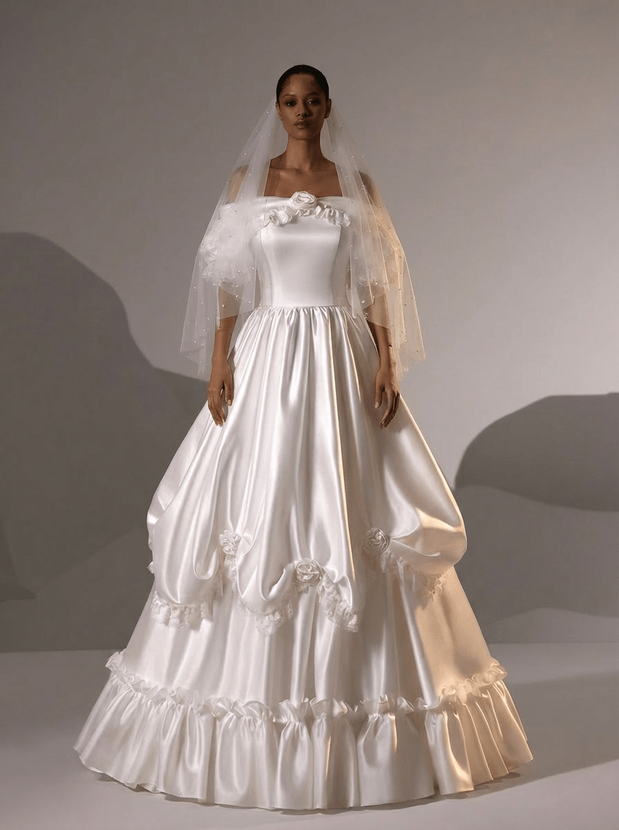 Vintage Off the Shoulder Wedding Dress with Rosettes – Satin Wedding Dress with Lace Ruffles Plus Size - WonderlandByLilian