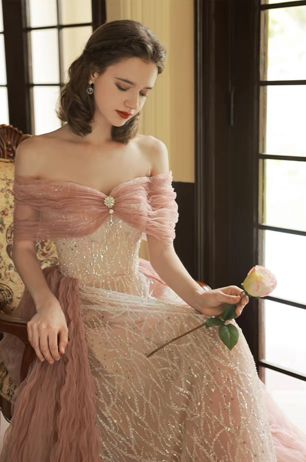 Vintage Pink Lace Patchwork Embroidered Glitter Off-Shoulder Wedding Dress - Plus Size - WonderlandByLilian
