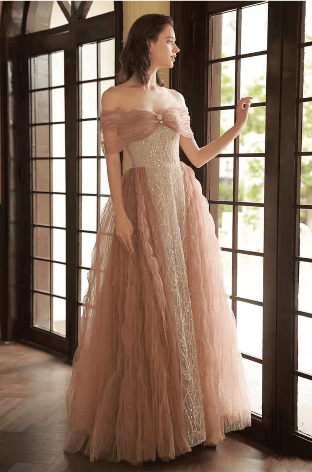 Vintage Pink Lace Patchwork Embroidered Glitter Off-Shoulder Wedding Dress - Plus Size - WonderlandByLilian