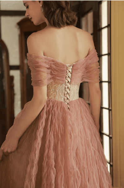Vintage Pink Lace Patchwork Embroidered Glitter Off-Shoulder Wedding Dress - Plus Size - WonderlandByLilian