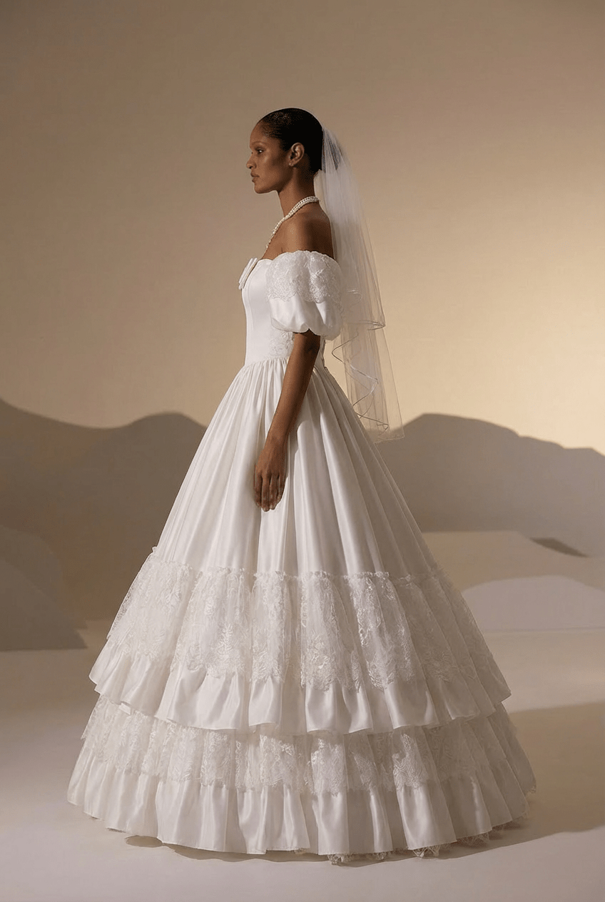 Vintage Puff Sleeve Wedding Dress with Lace Tiered Skirt – Ruffle Layered Wedding Dress with Bow Detail Plus Size - WonderlandByLilian