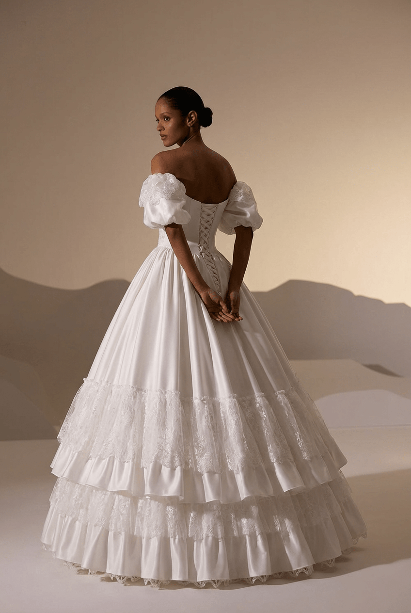 Vintage Puff Sleeve Wedding Dress with Lace Tiered Skirt – Ruffle Layered Wedding Dress with Bow Detail Plus Size Size 0 / with Veil
